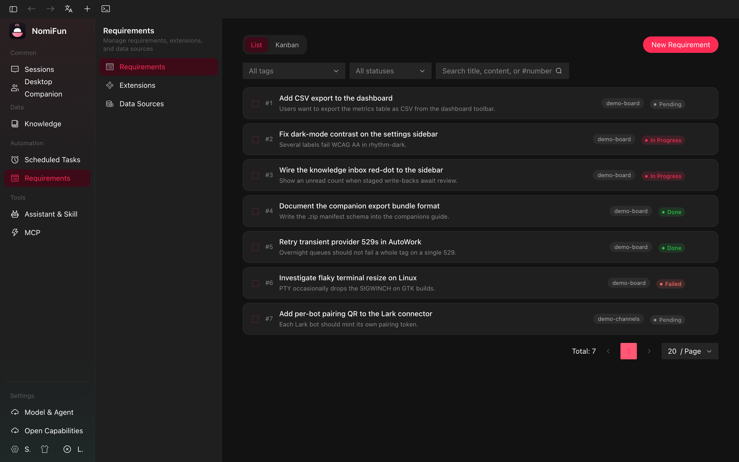 Requirements list