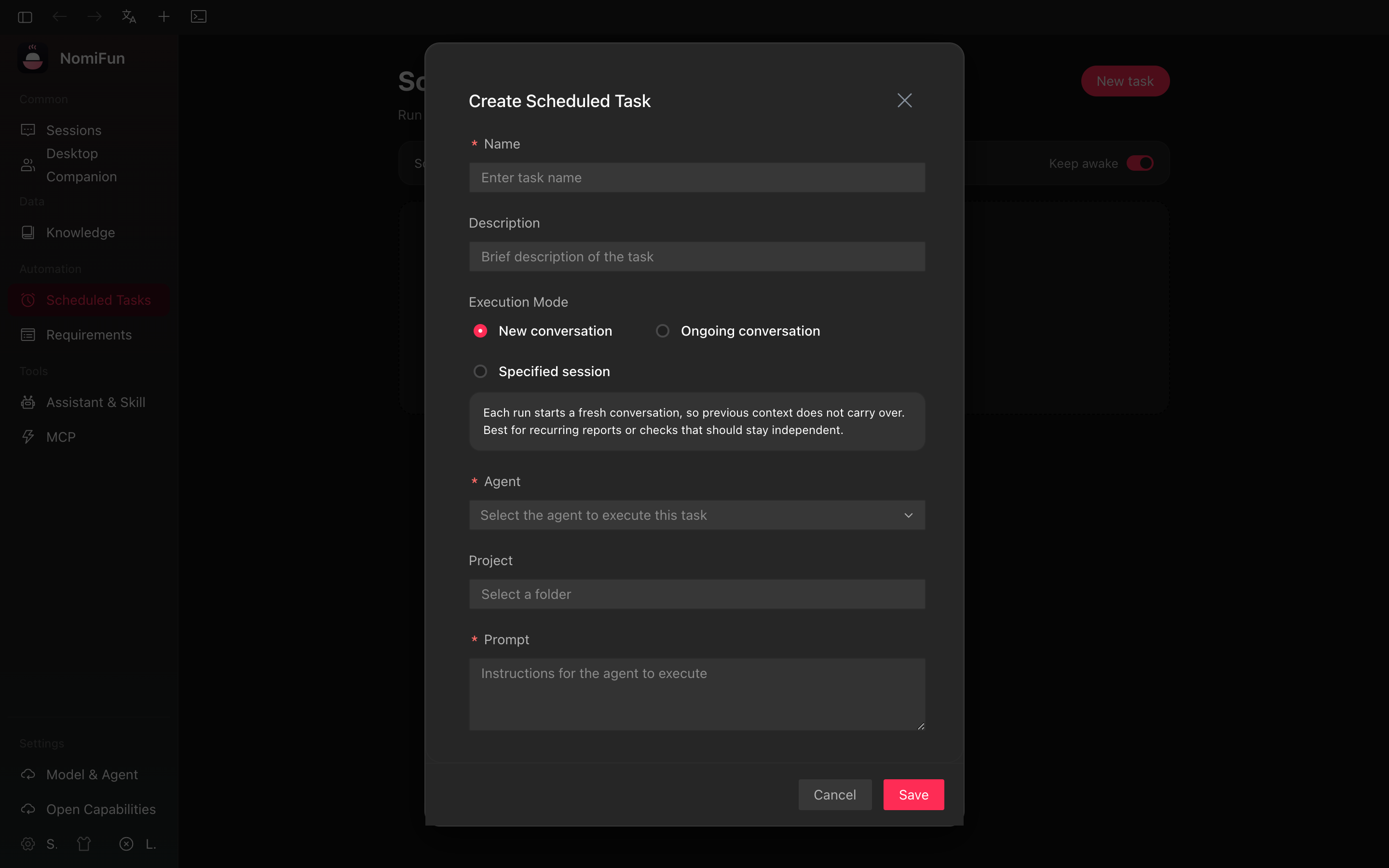 Create scheduled task dialog