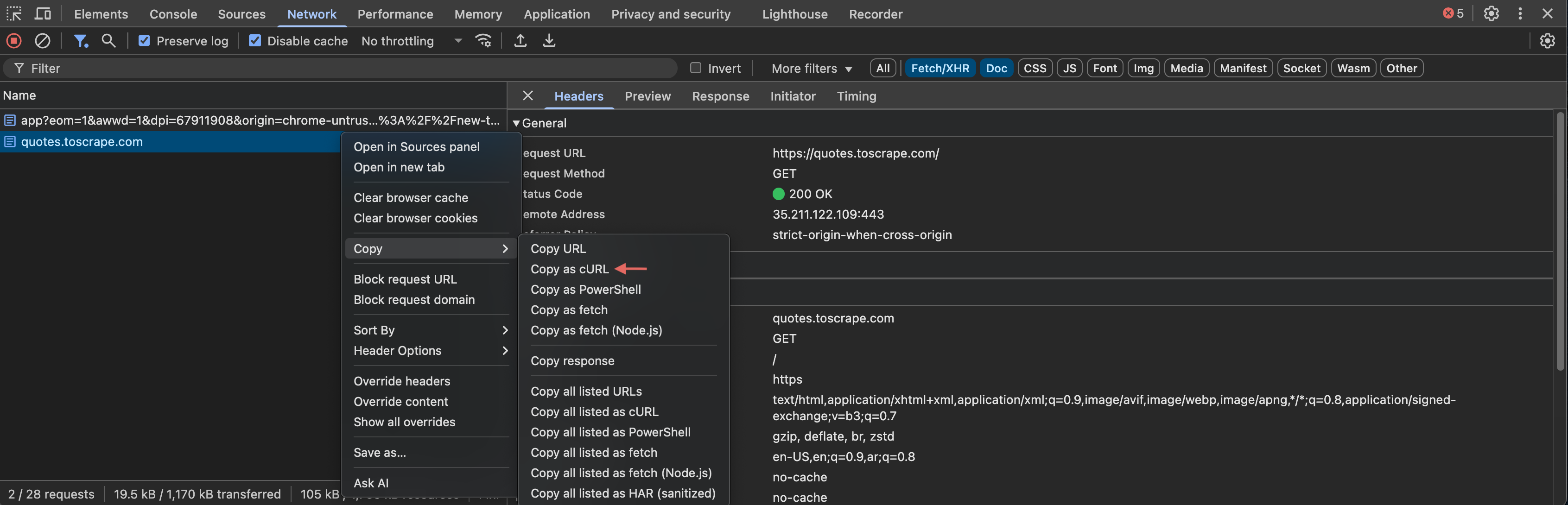 Copying a request as a curl command from Chrome